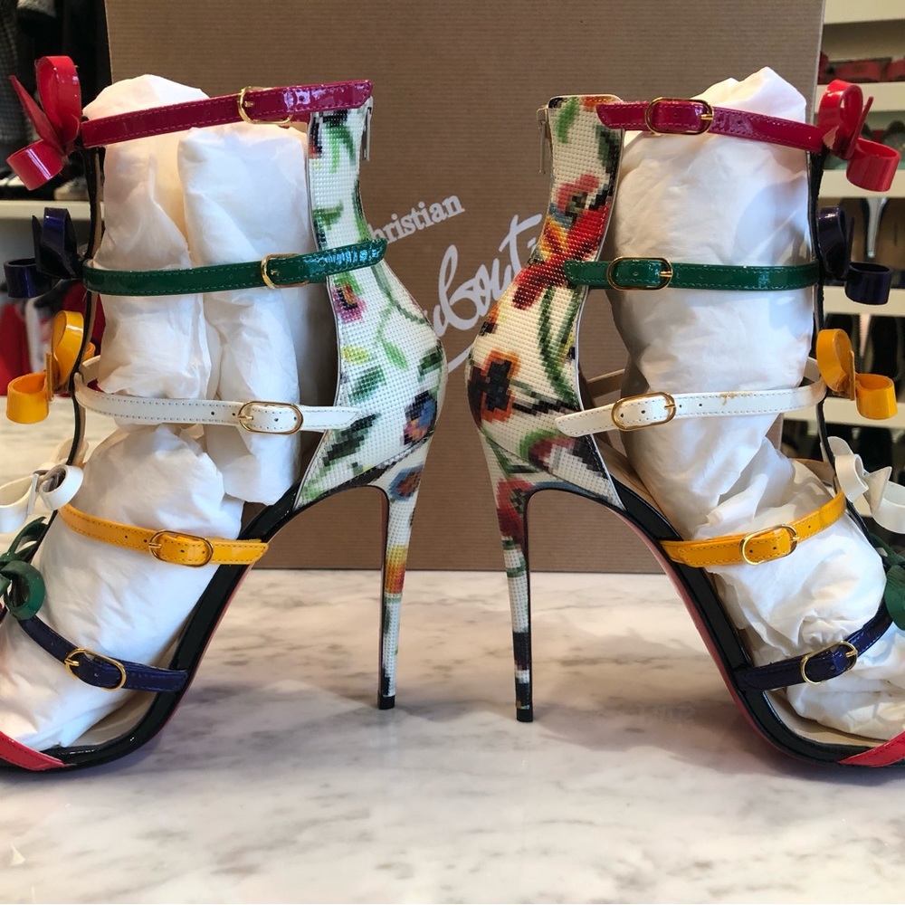 New Christian Louboutin Girlistrappi Leather Multi Color Bows Sandals Heels 40 - Picture 4 of 7